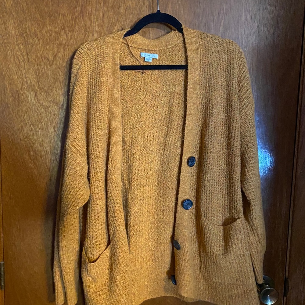 American Eagle Large Orange/Mustard Button Sweater
